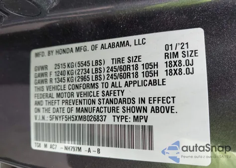 2021 Honda Pilot 2Wd Ex-L z USA, uszkodzony, nr VIN 5FNYF5H5XMB026837